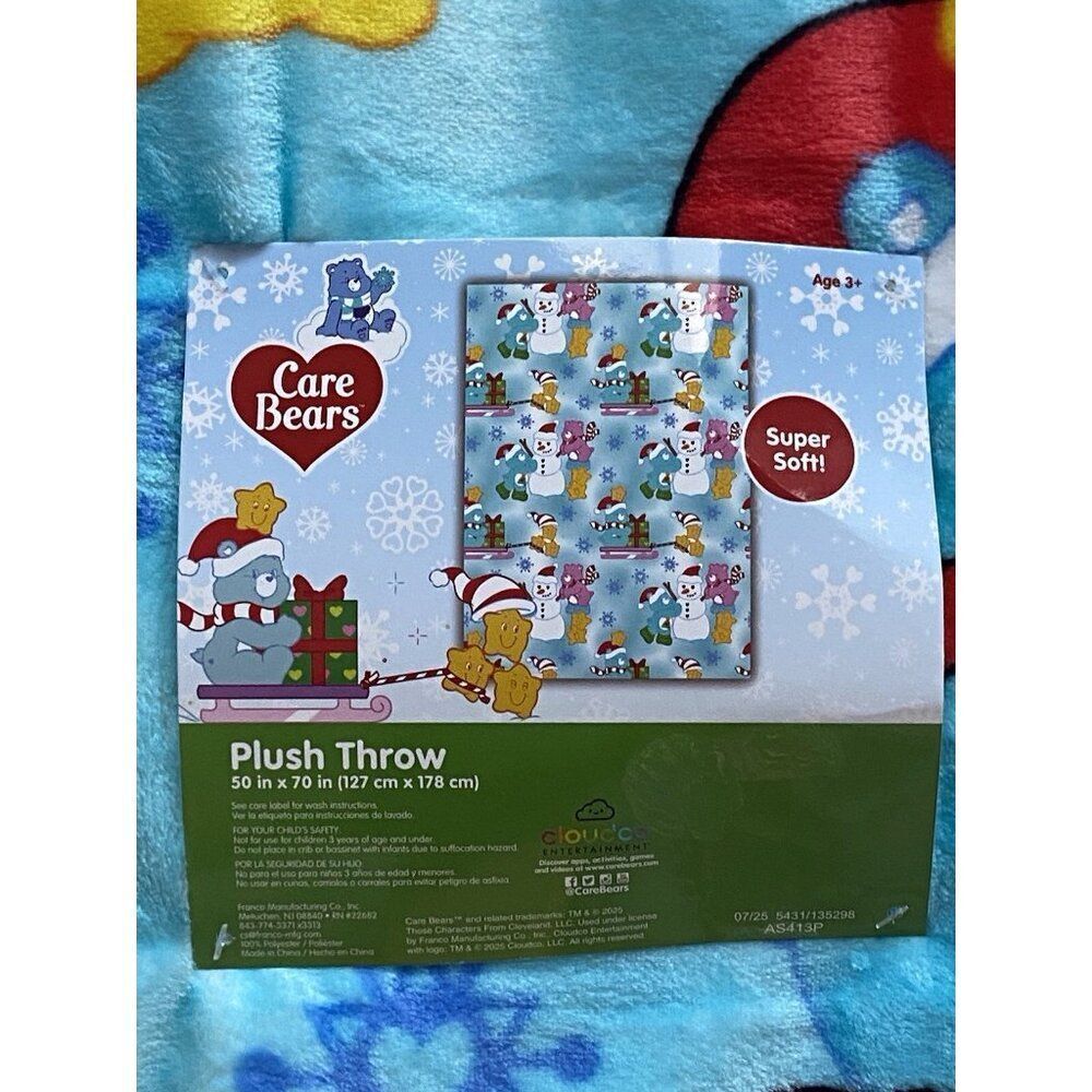 Care Bears Christmas Blanket Throw BLUE 50 X 70” Snowman Holiday Sled‎ Viral NEW - Picture 3 of 16